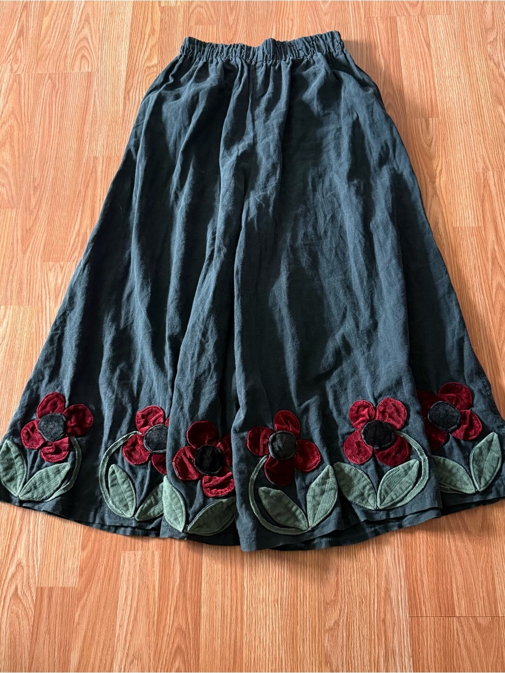 Handmade Women’s Wide-Leg Floral Embroidered Pants - Black - Picture 3 of 5